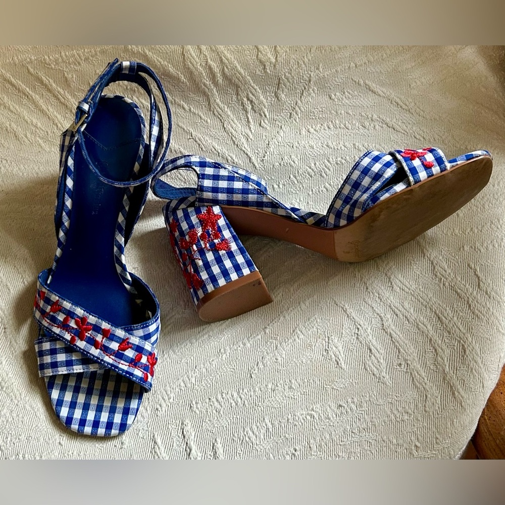 Stradivarius Blue Checkered Heels with Red Floral Embroidery Cutest shoes! 36/ 6